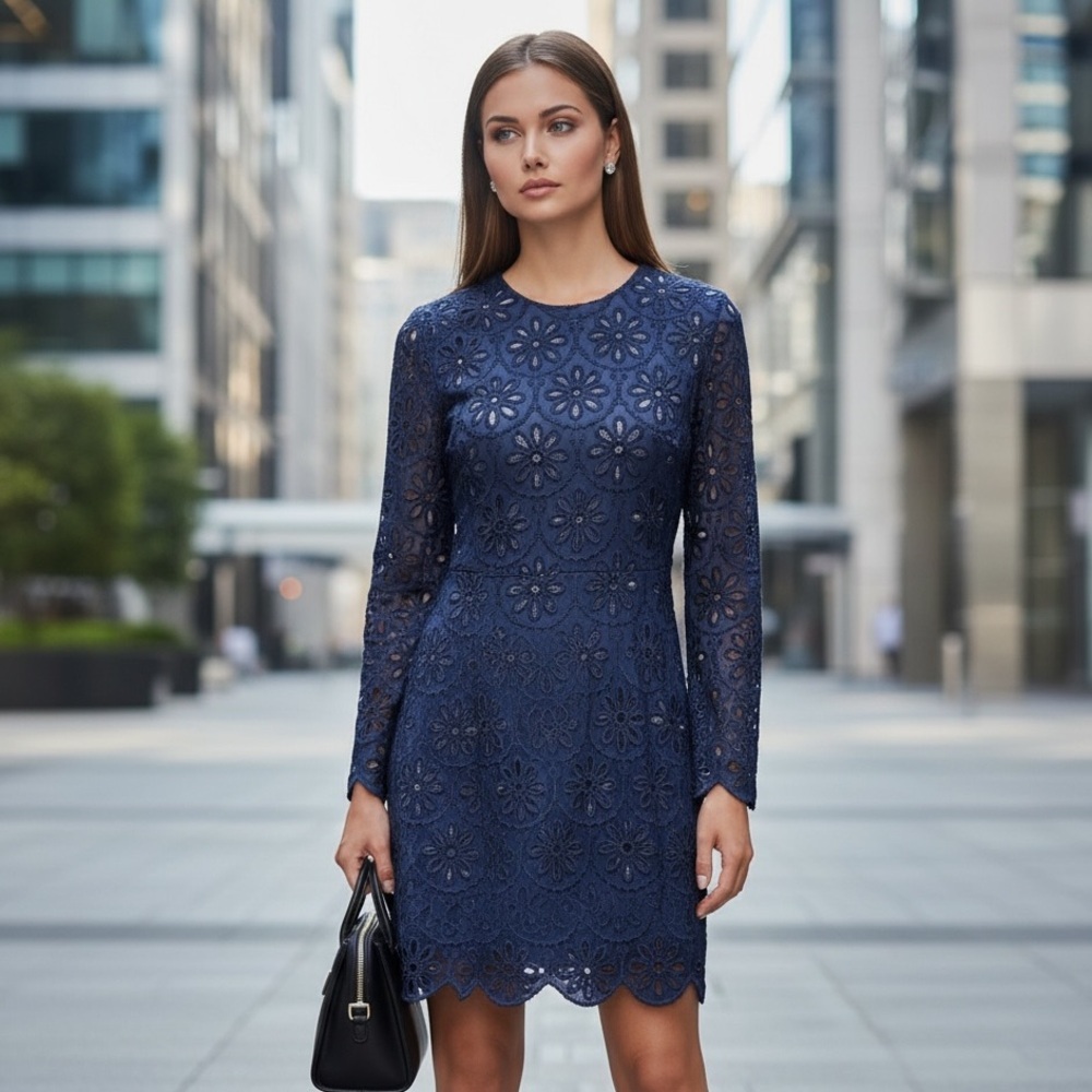 🌻RUNGOLEE Blue Sheath Long Sleeve Eyelet Knee Length Dress Size Small